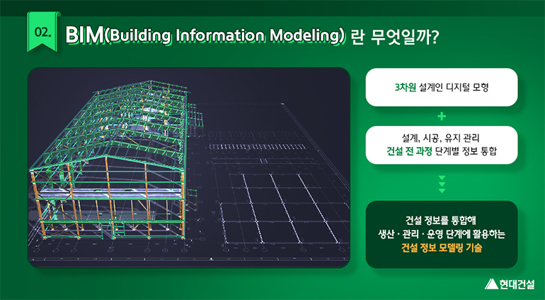 BIM이란 3차원 설꼐인 디지털 모형과 설계, 시공, 유지관리 등 건설 전 과정 단계별 정보를 통합한 것을 말합니다.