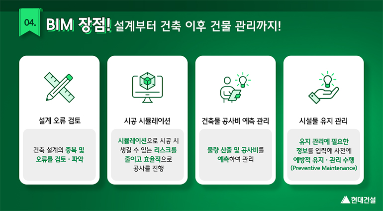 설계 오류 검토-시공 시뮬레이션-건축물 공사비 예측 관리-시설물 유지관리 등을 수행할 수 있습니다.