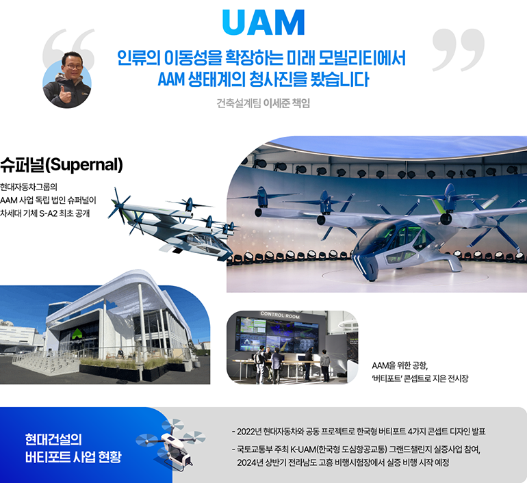 UAM UAM 인류의 이동성을 확장하는 미래 모빌리티에서 AAM 생태계의 청사진을 봤습니다 건축설계팀 이세준 책임 슈퍼널(Supernal) 현대자동차그룹의 AAM 사업 독립 법인 슈퍼널이 차세대 기체 S-A2 최초 공개 AAM을 위한 공항, 버티포트 콘셉트로 지은 전시장 현대건설의 버티포트 사업현황 - 2022년 현대자동차와 공동 프로젝트로 한국형 버티포트 4가지 콘셉트 디자인 발표 -국토교통부 주최 K-UAM(한국형 도심항공교통) 그랜드챌린지 실증사업 참여, 2024년 상반기 전라남도 고흥 비행시험장에서 실증 비행 시작 예정