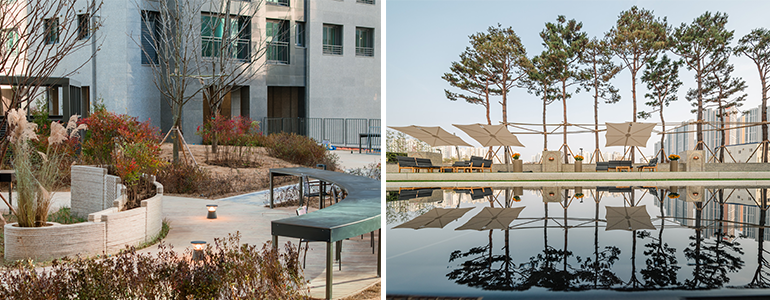 (왼쪽) 힐스테이트&nbsp;용인&nbsp;둔전역의&nbsp;‘H&nbsp;Eye&nbsp;Planter’ (오른쪽)힐스테이트&nbsp;지제역&nbsp;퍼스티움의 미러폰드