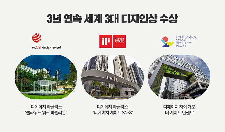 3년 연속 세계 3대 디자인상 수상 reddot design award 디에이치라클라스 클라우드워크 파빌리온 if DESIGN AWARD 디에이치라클라스 디에이치 게이트 32-8 INTERNATIONAL DESIGN EXCELLENCE AWARDS 디에이치자이 개포더 게이트 탄젠트