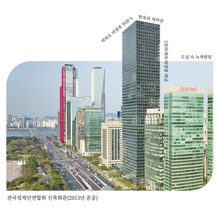 전국경제인연합회 신축회관 전국경제인연합회 신축회관(2013년 준공) 여의도 마천루 TOP5 한옥의 처마선 3천여개의 태양광 패털 도심 속 녹색빌딩