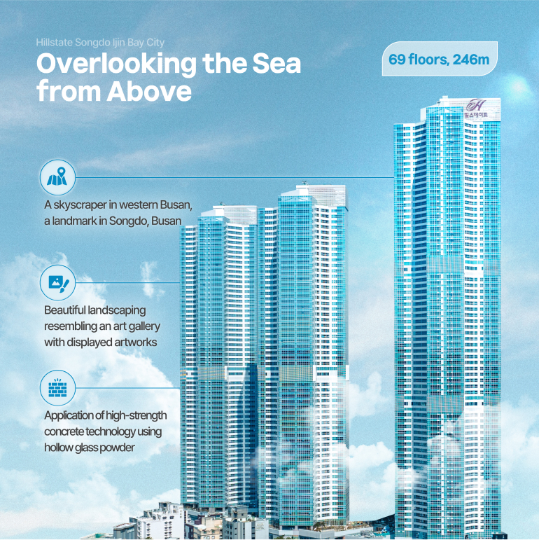 Overlooking the Sea from Above: Hillstate Ijin Bay City Hillstate Songdo Ijin Bay City 69 floors, 246m A skyscraper in western Busan, a landmark in Songdo, Busan Beautiful landscaping resembling an art gallery with displayed artworks Application of high-strength concrete technology using hollow glass powder