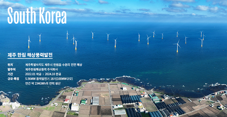South Korea 제주 한림 해상풍력발전 위치  - 제주특별자치도 제주시 한림읍 수원리 전면 해상 발주처  - 제주한림해상풍력 주식회사 기간 -  2022.01 착공 / 2024.10 완공 규모/특징 -  5.56MW 풍력발전기 18기(100MW규모로 국내 최대) 연간 약 234GWh의 전력 생산