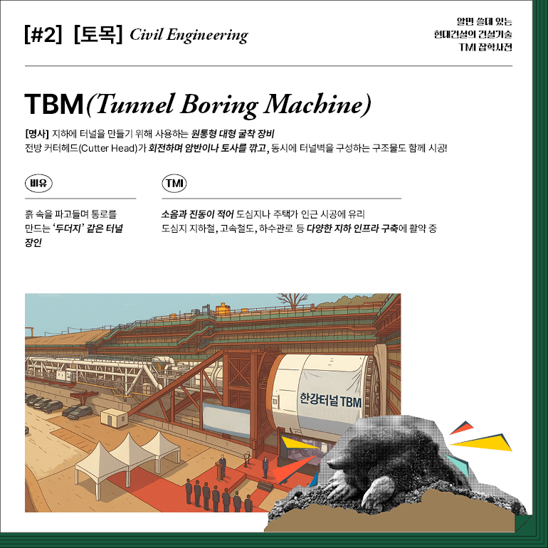 알면 쓸데 있는  현대건설의 건설기술  TMI 잡학사전  [#2] [토목] Civil Engineering  TBM(터널보링머신)  [명사] 지하에 터널을 만들기 위해 사용하는 원통형 대형 굴착 장비  전방 커터헤드(Cutter Head)가 회전하며 암반이나 토사를 깎고, 동시에 터널벽을 구성하는 구조물도 함께 시공!  비유  TMI  흙 속을 파고들며 통로를  만드는 두더지 같은 터널  장인  소음과 진동이 적어 도심지나 주택가 인근 시공에 유리 도심지 지하철, 고속철도, 하수관로 등 다양한 지하 인프라 구축에 활약 중  한강터널 TBM