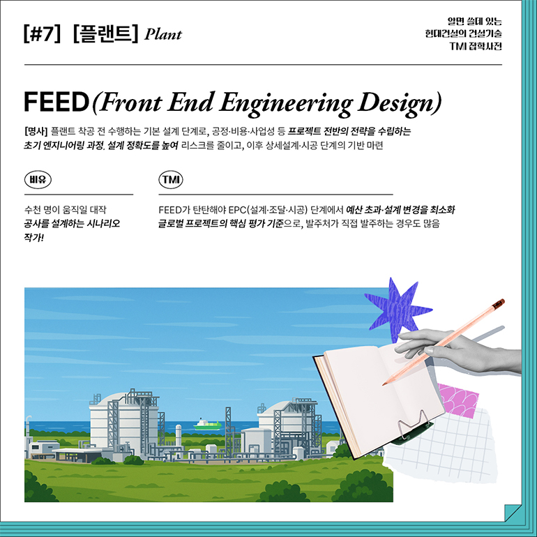 알면 쓸데 있는  현대건설의 건설기술  TMI 잡학사전  [#7] [플랜트]  식물  FEED(프런트엔드 엔지니어링 설계)  [명사] 플랜트 착공 전 수행하는 기본 설계 단계로, 공정·비용·사업성 등 프로젝트 전반의 전략을 수립하는 초기 엔지니어링 과정설계 정확도를 높여 리스크를 줄이고, 이후 상세설계·시공 단계의 기반 마련  비유  수천 명이 움직일 대작 공사를 설계하는 시나리오 작가!  TMI  FEED가 탄탄해야 EPC(설계·조달·시공) 단계에서 예산 초과·설계 변경을 최소화 글로벌 프로젝트의 핵심 평가 기준으로, 발주처가 직접 발주하는 경우도 많음