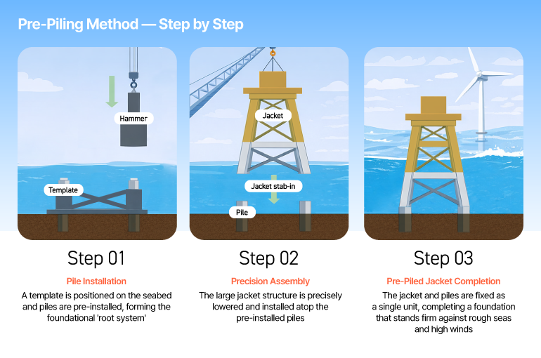 Pre-Piling Method — Step by Step  •Step 01 – Pile Installation: A template is positioned on the seabed and piles are pre-installed, forming the foundational root system  •Step 02 – Precision Assembly: The large jacket structure is precisely lowered and installed atop the pre-installed piles  •Step 03 – Pre-Piled Jacket Completion: The jacket and piles are fixed as a single unit, completing a foundation that stands firm against rough seas and high winds