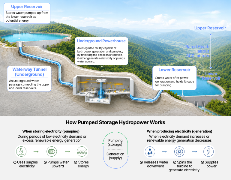 Upper Reservoir  Stores water pumped up from the lower reservoir as potential energy.  Underground Powerhouse  An integrated facility capable of both power generation and pumping; by reversing the direction of rotation, it either generates electricity or pumps water upward.  Waterway Tunnel (Underground)  An underground water passage connecting the upper and lower reservoirs.  Lower Reservoir  Stores water after power generation and holds it ready for pumping.  Rated Head: about 300 meters  How Pumped Storage Hydropower Works  When storing electricity (pumping)  During periods of low electricity demand or excess renewable energy generation  ① Uses surplus electricity ② Pumps water upward ③ Stores energy  When producing electricity (generation)  When electricity demand increases or renewable energy generation decreases  ① Releases water downward ② Spins the turbine to generate electricity ③ Supplies power  Pumping (storage) Generation (supply)