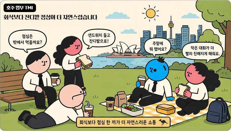 호주 업무 TMI 회식보다 잔디밭 점심이 더 자연스럽습니다 점심은 밖에서 먹을까요? 샌드위치 들고 잔디밭으로! 주말에 뭐 했어요? 작은 대화가 더 빨리 친해지게 해줘요. 회식보다 점심 한 끼가 더 자연스러운 소통 🦘