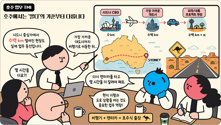 호주 업무 TMI 호주에서는 멀다의 기준부터 다릅니다 시드니 중심가에서 수백 km 떨어진 현장도 실제 업무 동선입니다. 몇 시간을 더요?! 가장 가까운 대도시까지 비행기로 이동한 뒤... 다시 렌터카를 타고 몇 시간을 더 달려야 해요. 현지 지형과 도로 상황을 아는 것도 중요한 업무 역량! 상단 프로세스:  ⦁시드니 CBD (0 km) -> 가장 가까운 대도시 (수백 km) -> 외곽/내륙 프로젝트 현장 (수백 km + α) SYDNEY 비행기 + 렌터카 = 호주식 출장