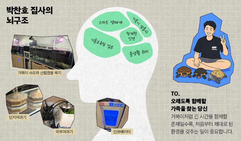 박찬호 집사의 뇌구조 거북이 수조와 산람겸용 육지 단지여과기 외부여과기 인큐베이터  TO. 오래도록 함께할 가족을 찾는 당신 거북이처럼 긴 시간을 함께할 존재일수록, 처음부터 제대로 된 환경을 갖추는 일이 중요합니다.  박찬호 집사의 뇌구조 거북이 삼총사 스마트 생태계 물생활 취미 청계천 인연 기술교육팀 업무
