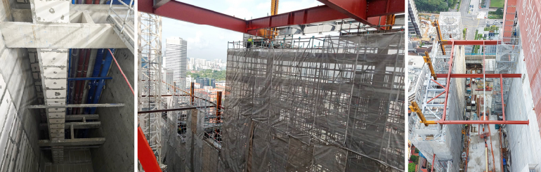 [(From left) Vertical void inside the building core, structural steel construction for the Sky Terrace, and custom designed temporary steel structures]