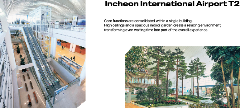 Core functions are consolidated within a single building. High ceilings and a spacious indoor garden create a relaxing environment, transforming even waiting time into part of the overall experience.