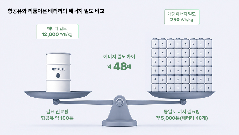 항공유와 리튬이온 배터리의 에너지 밀도 비교 항공유와 리튬이온 배터리의 에너지 밀도 비교 에너지 밀도 12,000Wh/kg 개당 에너지 밀도 250 Wh/kg 4 4 4 4 4 4 4 4 4 4 4 4 4 4 4 4 에너지 밀도 차이 4 4 4 4 4 4 4 4 약 48배 4 4 4 4 4 4 4 4 4 4 4 4 4 4 4 4 4 4 4 4 4 4 4 4 제트 연료 필요 연료량 항공유 약 100톤 동일 에너지 필요량 약 5,000톤(배터리 48개)