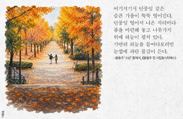 서울숲  여기저기서 단풍잎 같은 슬픈 가을이 뚝뚝 떨어진다.  단풍잎 떨어져 나온 자리마다 봄을 마련해 놓고 나뭇가지 위에 하늘이 펼쳐 있다.  가만히 하늘을 들여다보려면 눈썹에 파란 물감이 든다.  - 윤동주 소년 중에서, <윤동주 전 시집》(스타북스)