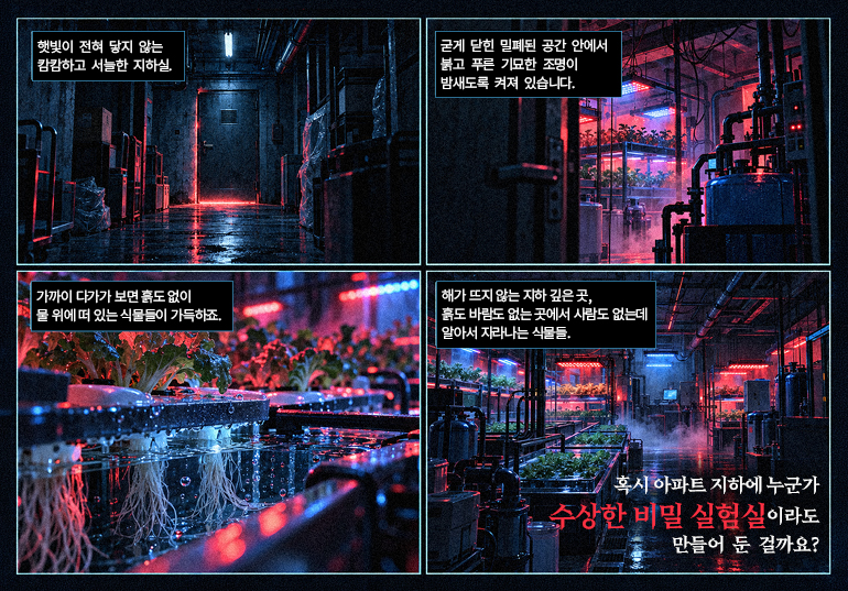 EP05. 햇빛 없는 지하실에서 자라나는 생명체 컷 1:햇빛이 전혀 닿지 않는 캄캄하고 서늘한 지하실. 컷 2:굳게 닫힌 밀폐된 공간 안에서 붉고 푸른 기묘한 조명이 밤새도록 켜져 있습니다. 컷 3:가까이 다가가 보면 흙도 없이 물 위에 떠 있는 식물들이 가득하죠. 컷 4:해가 뜨지 않는 지하 깊은 곳, 흙도 바람도 없는 곳에서 사람도 없는데 알아서 자라나는 식물들. 혹시 아파트 지하에 누군가 수상한 비밀 실험실이라도 만들어 둔 걸까요?
