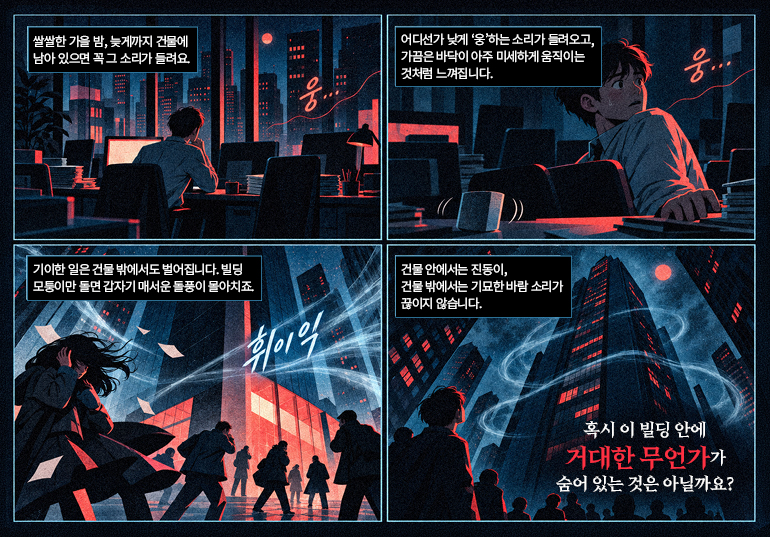 EP01. 밤마다 빌딩에서 들려오는 정체불명의 울음소리 컷 1:쌀쌀한 가을 밤, 늦게까지 건물에 남아 있으면 꼭 그 소리가 들려요. 웅... 컷 2:어디선가 낮게 ‘웅’하는 소리가 들려오고, 가끔은 바닥이 아주 미세하게 움직이는 것처럼 느껴집니다. 웅... 컷 3:기이한 일은 건물 밖에서도 벌어집니다. 빌딩 모퉁이만 돌면 갑자기 매서운 돌풍이 몰아치죠. 휘이익 컷 4:건물 안에서는 진동이, 건물 밖에서는 기묘한 바람 소리가 끊이지 않습니다. 혹시 이 빌딩 안에 거대한 무언가가 숨어 있는 것은 아닐까요?
