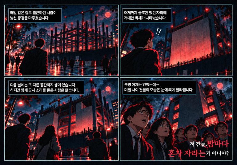 EP02. 어젯밤 없던 벽이 나타났다 컷 1:매일 같은 길로 출근하던 사람이 낯선 광경을 마주쳤습니다. 컷 2:어제까지 골조만 있던 자리에 거대한 벽체가 나타났습니다. !! 컷 3:다음 날에는 또 다른 공간까지 생겨 있습니다. 하지만 밤새 공사 소리를 들은 사람은 없습니다. 컷 4:분명 어제는 없었는데… 며칠 사이 건물의 모습은 눈에 띄게 달라집니다. 저 건물, 밤마다 혼자 자라는 거 아니야?