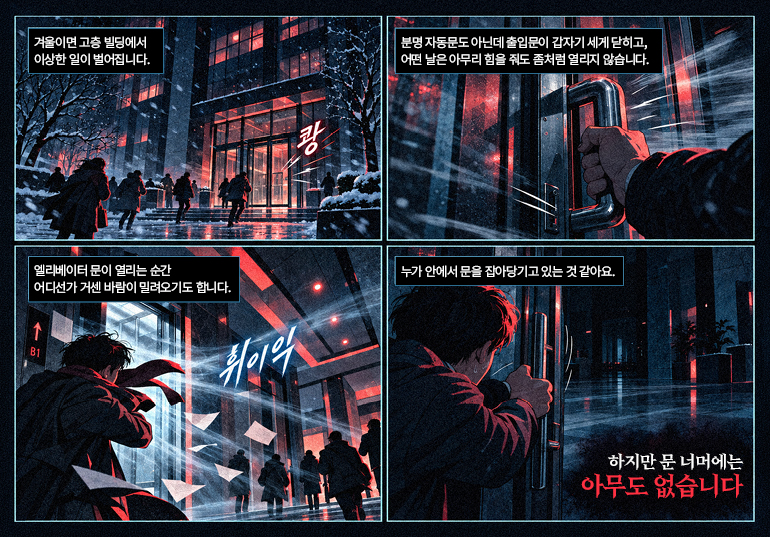 EP04. 겨울 빌딩의 문이 저절로 움직인다 컷 1:겨울이면 고층 빌딩에서 이상한 일이 벌어집니다. 쾅 컷 2:분명 자동문도 아닌데 출입문이 갑자기 세게 닫히고, 어떤 날은 아무리 힘을 줘도 좀처럼 열리지 않습니다. 컷 3:엘리베이터 문이 열리는 순간 어디선가 거센 바람이 밀려오기도 합니다. 휘이익 컷 4:누가 안에서 문을 잡아당기고 있는 것 같아요. 하지만 문 너머에는 아무도 없습니다